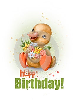 happy birthday watercolor style card with funny duck, holiday greeting illustration