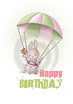 happy birthday watercolor style card with funny rabbit, holiday greeting illustration