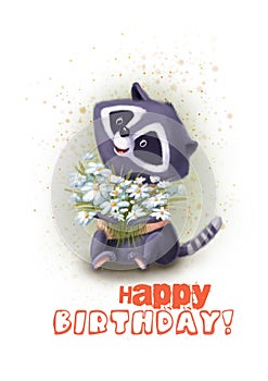 happy birthday watercolor style card with funny raccoon and flowers, holiday greeting illustration