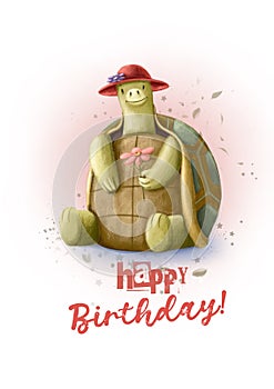 happy birthday watercolor style card with funny turtle, holiday greeting illustration