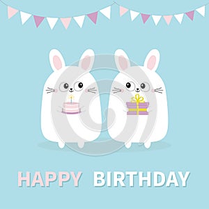 Happy Birthday. White bunny rabbit holding gift box, cake. Paper flags. Funny head face. Big eyes. Cute kawaii cartoon character.