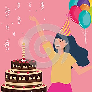 Happy birthday, woman with chocolate cake and balloons celebration party event decoration