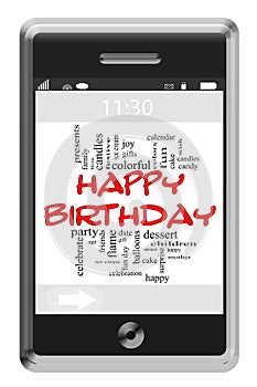 Happy Birthday Word Cloud Concept on Touchscreen Phone