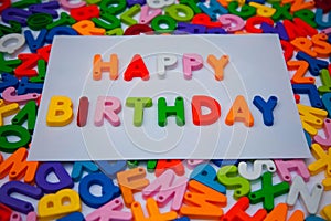 Happy birthday written with alphabet blocks