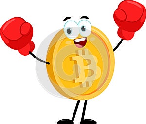 Happy Bitcoin Cartoon Character Boxer Gloves Celebrate Win