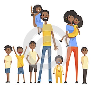 Happy Black Family With Many Children Portrait With All The Kids And Babies And Smiling Parents Colorful Illustration