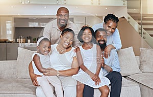 Happy black family, portrait smile and sofa relaxing together for quality bonding or break at home. Mother, father and