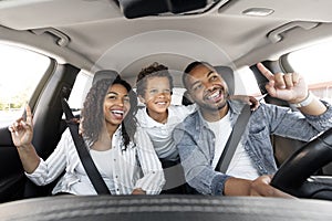 Happy Black Family Of Three Riding Car And Singing Songs