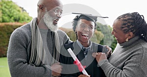 Happy black family, woman and hug for graduation, success or congratulations for certificate at campus. African