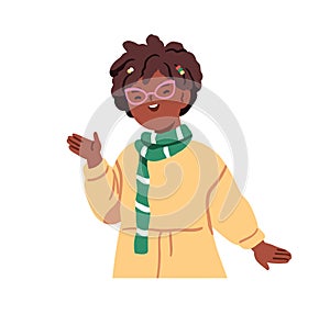 Happy black girl in eyeglasses, greeting with hi gesture. Cute smiling kid in glasses, waving with hand. Child character