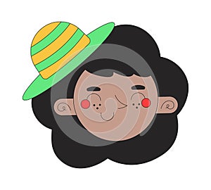 Happy black girl with hat 2D linear vector avatar illustration