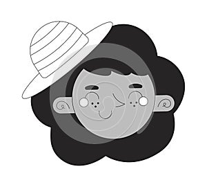 Happy black girl with hat black and white 2D vector avatar illustration