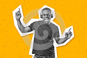 Happy black guy using wireless headset, dancing and singing, collage