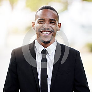 Happy, black man and fashion in portrait with formal suit outdoor with ambition and insight for business. Confident