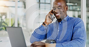 Happy black man, phone call and laughing for conversation, funny joke or humor at office. African businessman smile