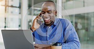 Happy black man, phone call and laughing for funny joke, conversation or humor at office. African businessman smile