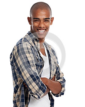 Happy black man, studio portrait and arms crossed with smile, confidence and style from Atlanta. Cool guy, fashion model