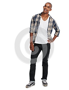 Happy black man, studio portrait and smile with confidence, happiness and style from Atlanta. Cool young guy, fashion