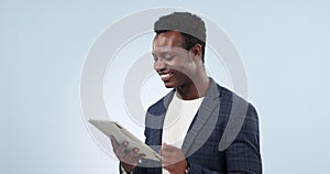Happy black man, tablet and laughing for funny joke or social media against a studio background. African businessman