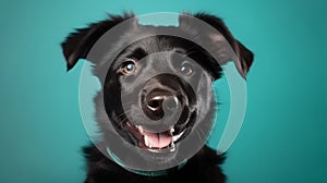 Happy black puppy smiling on an isolated green-blue light background