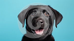 Happy black puppy smiling on an isolated green-blue light background