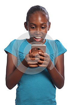 Happy black school girl receiving text message