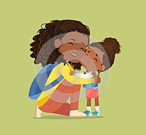 Happy black skin mother hugging cute little daughter enjoying happy motherhood vector illustration