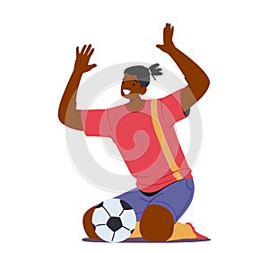 Happy Black Sportsman Soccer Player Celebrating Win After Goal. Male Character In Football Sportswear Victory Rejoice