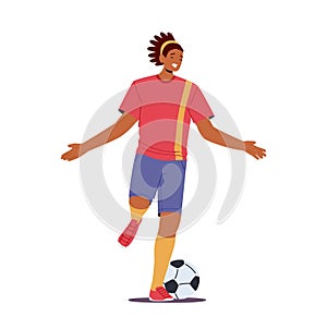 Happy Black Sportsman Soccer Player Win, Celebrate Victory And Goal. Character In Red Football Sportswear Run With Ball