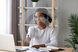 Happy black teenager recommend online study course