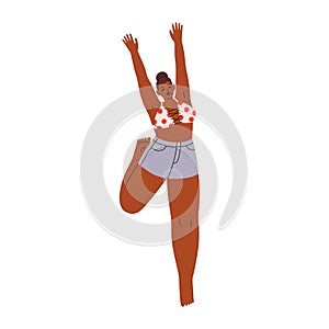 Happy black woman in bikini bra and shorts jumping. Young girl rejoicing summer holiday, beach with joy. African
