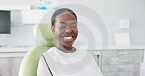 Happy, black woman and dental care with teeth at dentist for clean mouth, gum or oral treatment at clinic. Portrait of
