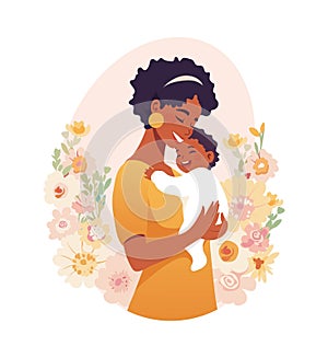 Happy black woman hugging her baby, beautiful flat vector cartoon illustration for mother s day, motherhood concept