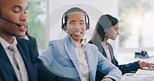 Happy black woman, portrait and headphones at call center for customer service or support at office. Face of African