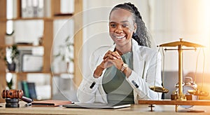 Happy, black woman or portrait lawyer with confidence, empowerment or justice in law firm office. Mentor, corporate or