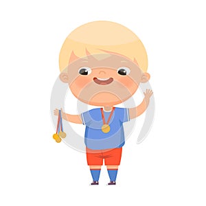 Happy Blond Boy Winner Holding Gold Medal and Waving Hand Vector Illustration