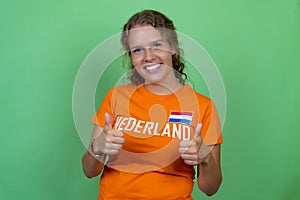 Happy blond female soccer fan from Netherlands