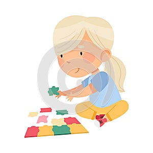 Happy Blond Girl with Ponytail Playing Jigsaw Puzzle on the Floor Vector Illustration