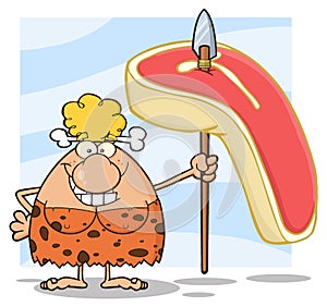 Happy Blonde Cave Woman Cartoon Mascot Character Holding A Spear With Big Raw Steak