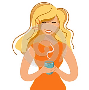 Happy blonde drinks aromatic hot coffee or tea. Young woman in an orange blouse holds a blue glass in warm hands and