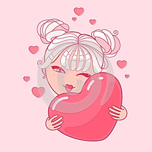 Happy blonde girl hugs a big red Valentine. Vector emoji