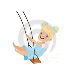 Happy blonde girl swinging on a rope swing, little kid having fun on a swing vector Illustration on a white background