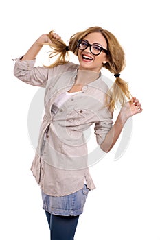 Happy blonde model with glasses
