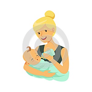 Happy blonde mother holding her bonded baby and feeding with milk bottle colorful vector Illustration