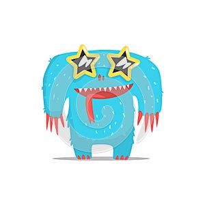 Happy Blue Furry Giant Monster In Star Shaped Dark Glasses Partying Hard As A Guest At Glamorous Posh Party Vector