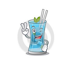 Happy blue hawai cocktail cartoon design concept show two fingers