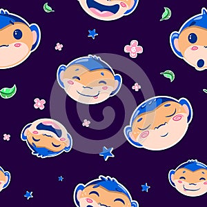 Happy blue monkey head seamless vector pattern wallpaper