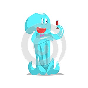 Happy Blue Octopus Monster Drinking Wine Partying Hard As A Guest At Glamorous Posh Party Vector Illustration