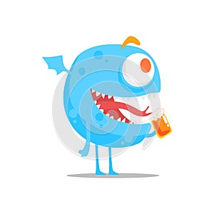 Happy Blue Round Monster With Wings Drinking Beer Partying Hard As A Guest At Glamorous Posh Party Vector Illustration