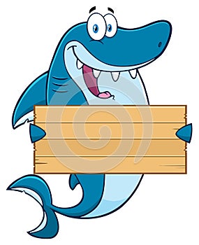 Happy Blue Shark Cartoon Mascot Character Holding A Wooden Blank Sign